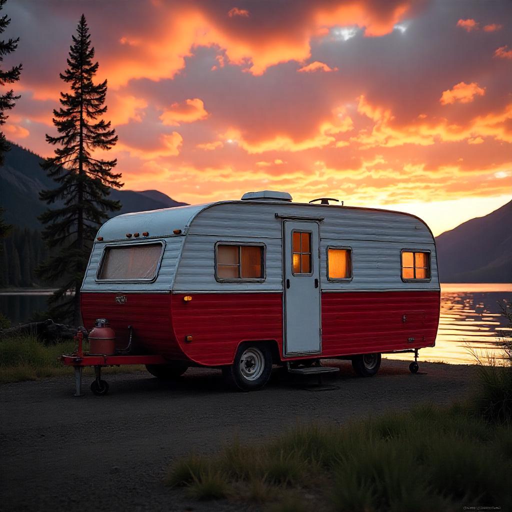 Camper rojo en lago